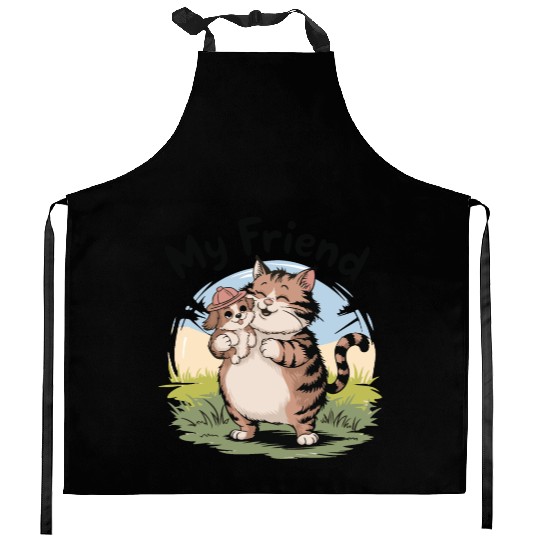 Fat Whimsical Cat and Puppy "My Friend" Art Kitchen Aprons