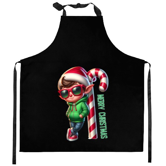 Merry Christmas Cool Elf with Candy Cane Vibes Kitchen Aprons