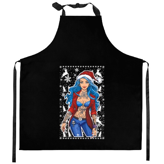 03 Sexy Christmas Woman Blue Hear Deer Tattoos Kitchen Aprons