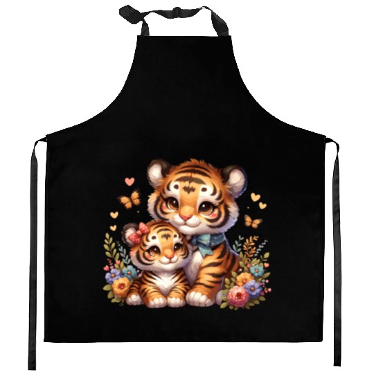 Adorable Tiger Cubs Surrounded by Butterflies and Kitchen Aprons