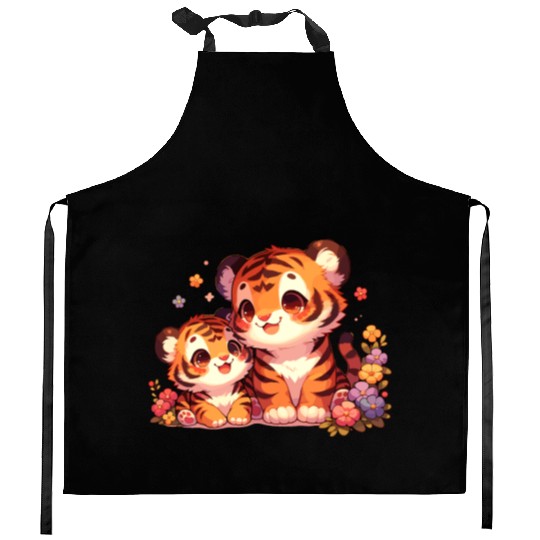 Adorable Tiger Cubs Surrounded By Flowers Kitchen Aprons
