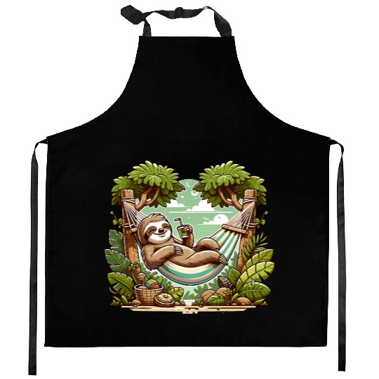 Relaxing Sloth In Hammock Under Palm Trees Kitchen Aprons