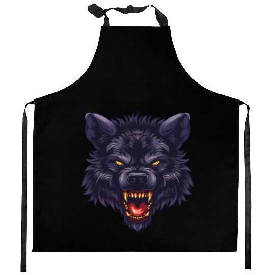 dark wolf face Kitchen Aprons