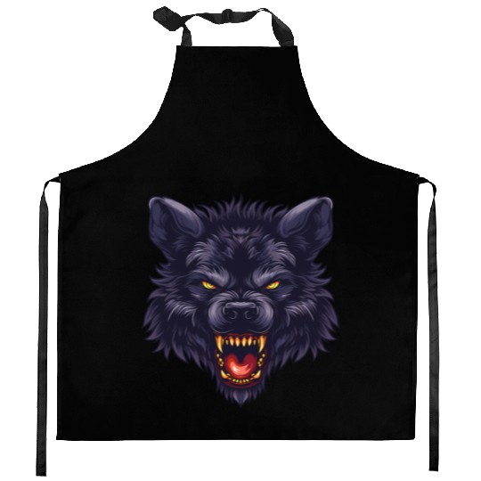 dark wolf face Kitchen Aprons