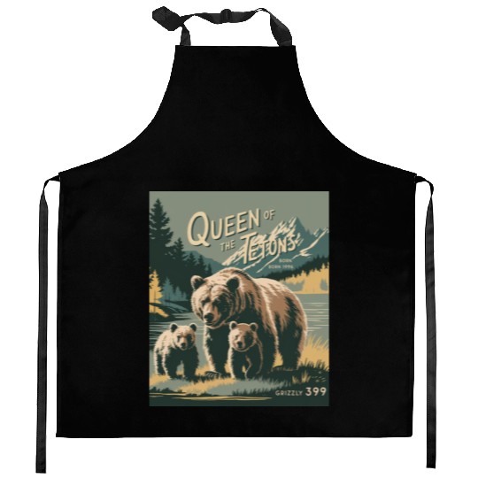 Queen of the Tetons Grizzly 399 Vintage Nature Art Kitchen Aprons