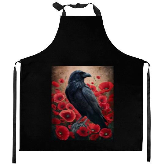 Raven Red Poppies Gothic Nature Art natural Kitchen Aprons