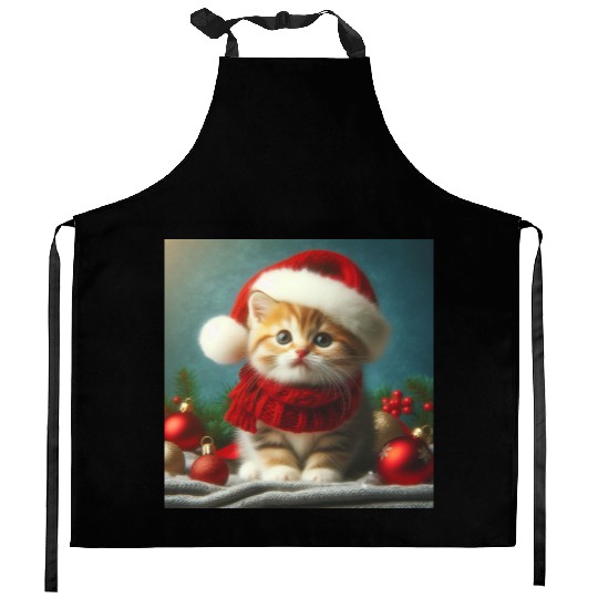 christmas kitten with knitted holiday santa hat Kitchen Aprons