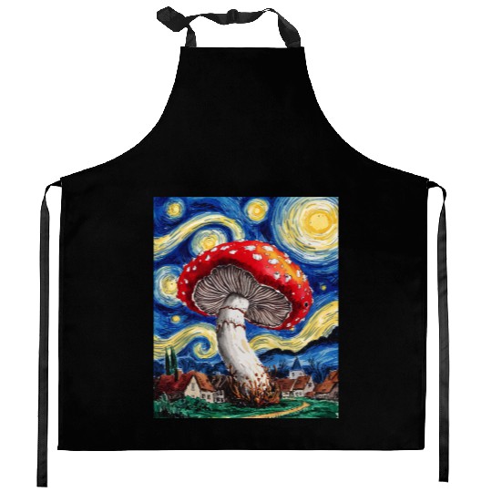Starry Night Mushroom: Surreal Watercolor Dreamsca Kitchen Aprons