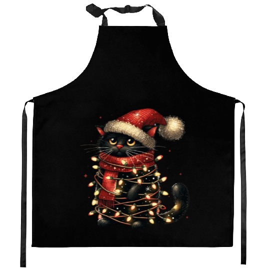 Black Cat In Christmas Light, Cat Lights Kitchen Aprons
