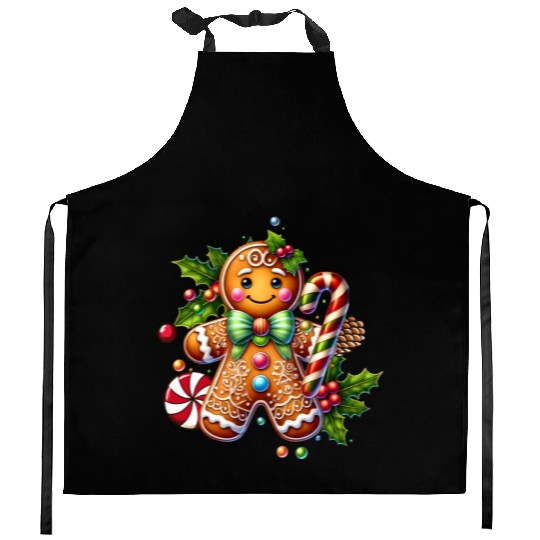 Happy gingerbread man with candy cane Kitchen Aprons