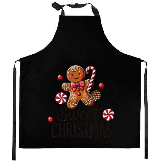 Happy gingerbread man with candy cane Kitchen Aprons