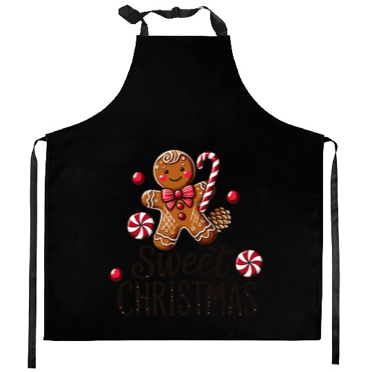 Happy gingerbread man with candy cane Kitchen Aprons