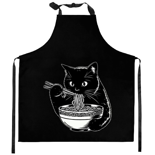 Cat Eating Ramen Noodles Japanese Funny Kitchen Aprons
