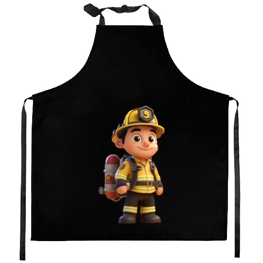 Friendly Firefighter Cartoon Character Kitchen Aprons