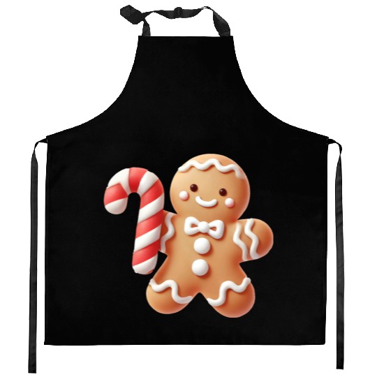 Happy gingerbread man with candy cane Kitchen Aprons