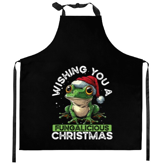 Merry Christmas Frog on Mushroom Cottagecore Kitchen Aprons