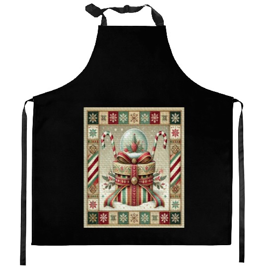 Christmas Snow Globe with Candy Canes and Ribbons Kitchen Aprons