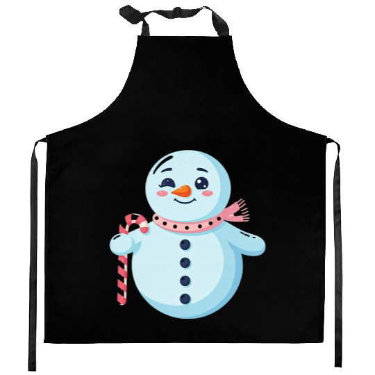 Whimsical Snowman with Candy Cane Kitchen Aprons