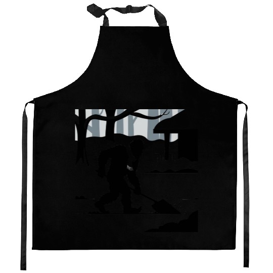 Bigfoot Shoveling Snow Kitchen Aprons