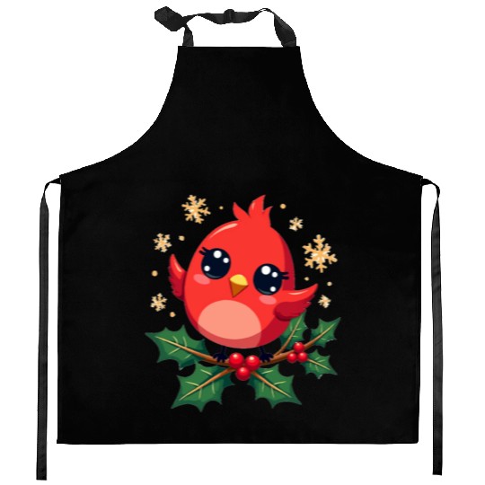 Elegant Christmas Cardinal on Holly Branch Kitchen Aprons