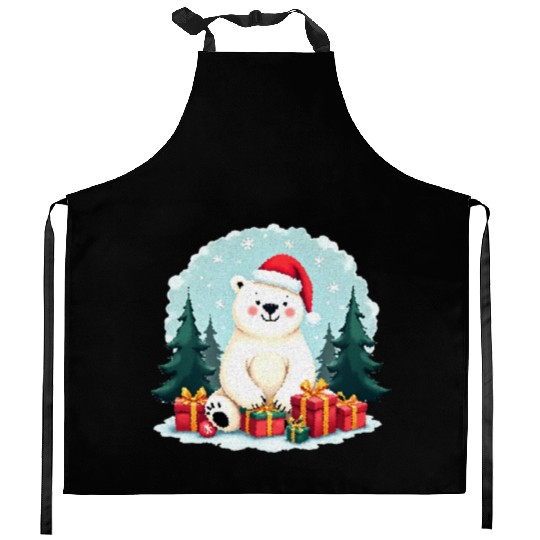 Adorable Polar Bear in Santa Hat Kitchen Aprons