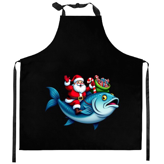 Santa on Bass Merry Fishmas Fishing Christmas Kitchen Aprons