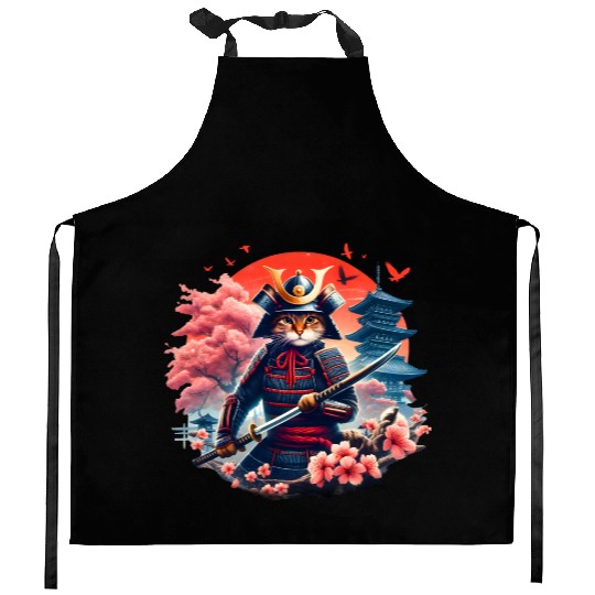 Samurai Cat Graphic Warrior Vintage Japanese Anime Kitchen Aprons