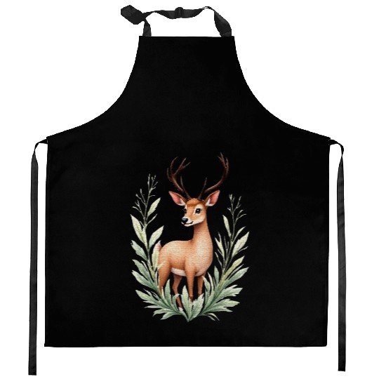Watercolor Deer in Forest Hues Kitchen Aprons