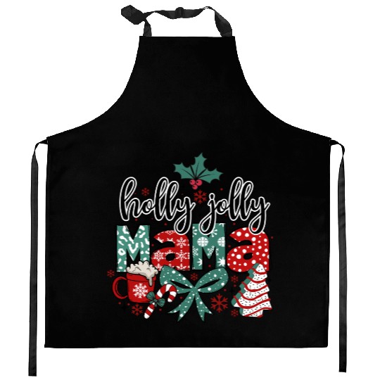 Holly Jolly Mama Coquette Bow Christmas Kitchen Aprons