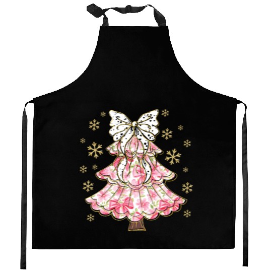 Preppy Pink Coquette Bow Xmas Tree Kitchen Aprons