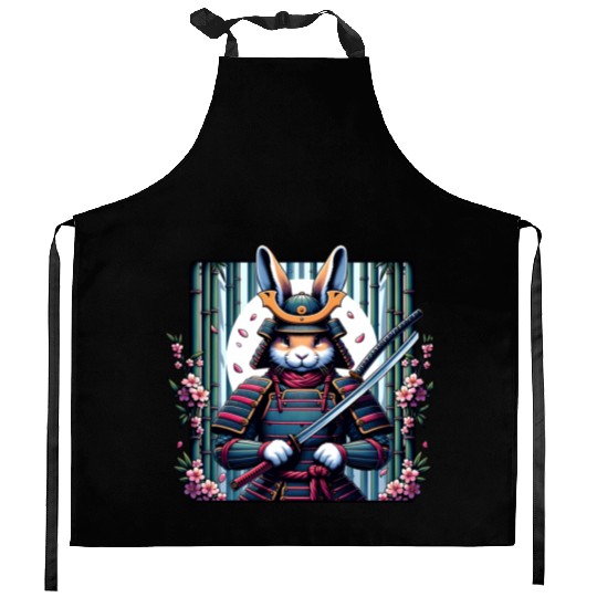 Samurai Rabbit with Katana and Cherry Blossoms Kitchen Aprons
