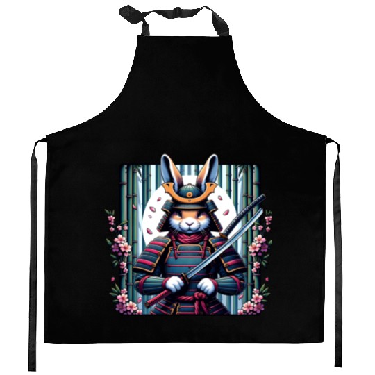 Samurai Rabbit with Katana and Cherry Blossoms Kitchen Aprons