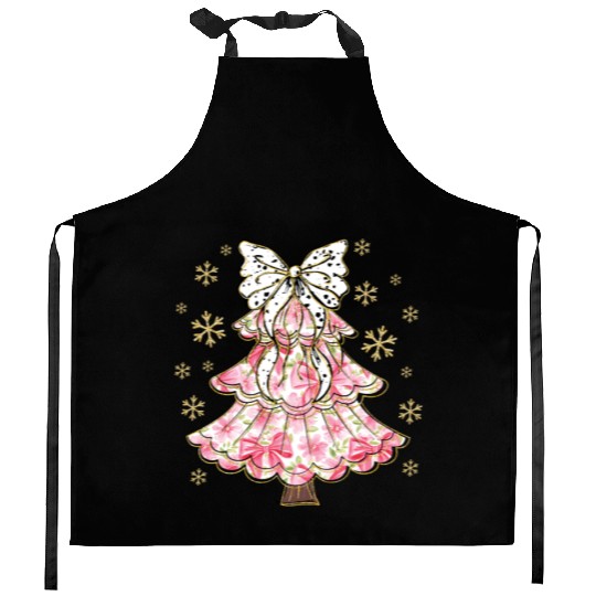 Preppy Pink Coquette Bow Xmas Tree Kitchen Aprons