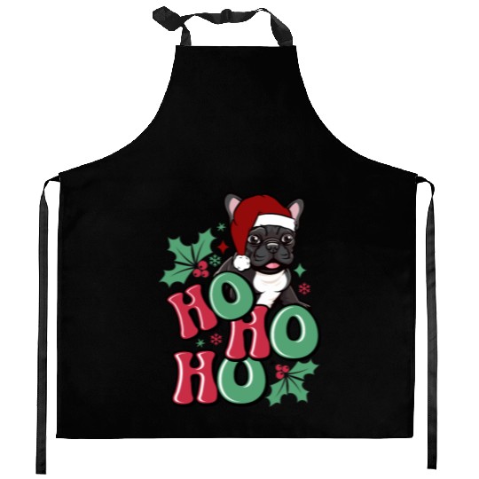 HO HO HO French Bulldog Holly Leaf Funny Kitchen Aprons