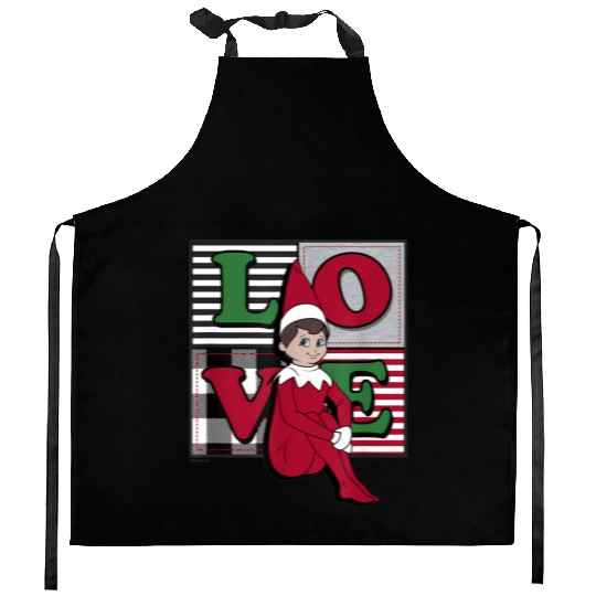 Elf on the Shelf Christmas Love Stacked Plaid Kitchen Aprons