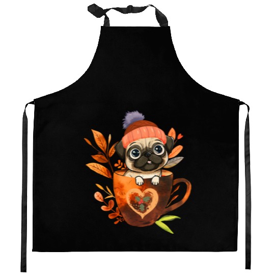 Pug in A Coffee Cup with Christmas Kitchen Aprons
