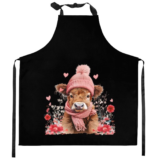 Cute Highland Cow Valentines Day Kitchen Aprons
