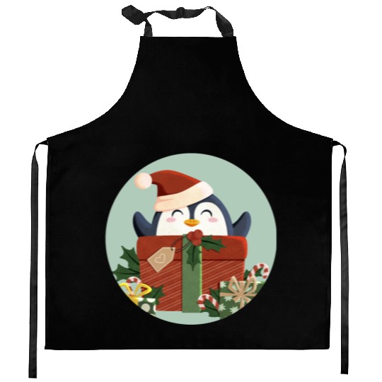 Cute Penguin with Gift and Santa Hat Kitchen Aprons