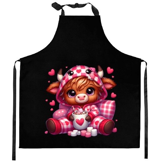 Cute cartoon valentines highland cow Kitchen Aprons