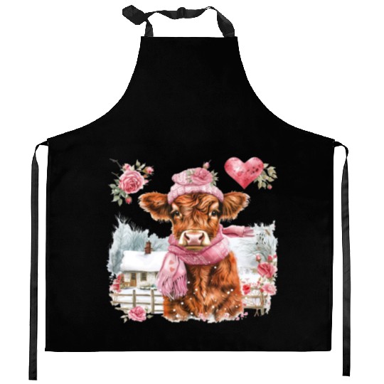 Cute Highland Cow Valentines Day Kitchen Aprons