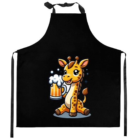 Cute Giraffe Drinking Beer 3 Kitchen Aprons