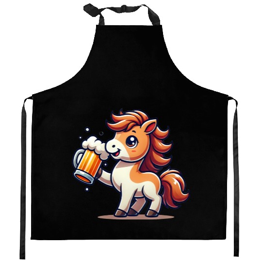 Cute Pony Drinking Beer 3 Kitchen Aprons