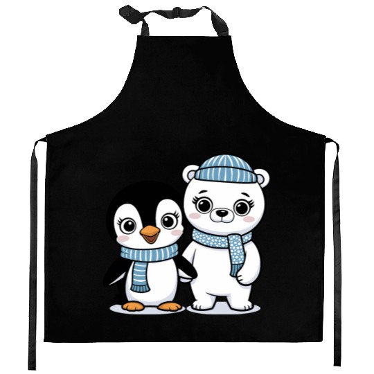 Happy Penguin and Polar Bear Best Friends Kitchen Aprons