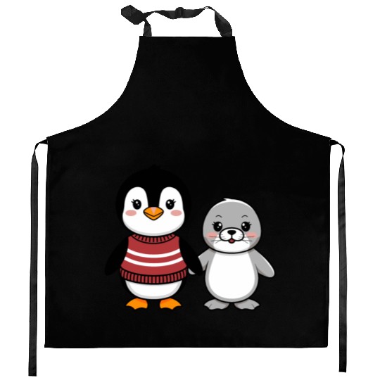 Cute Penguin and Seal Best Buddies Friends Kitchen Aprons
