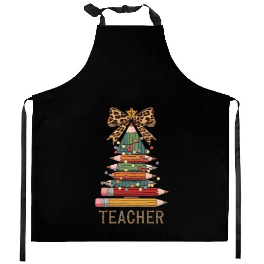 Christmas Tree Pencil Teacher Leopard Bow Design Kitchen Aprons