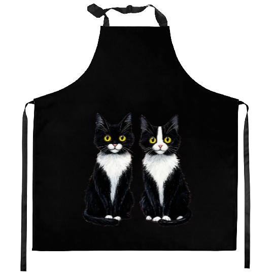 Elegant Black and White Cat Illustration Kitchen Aprons