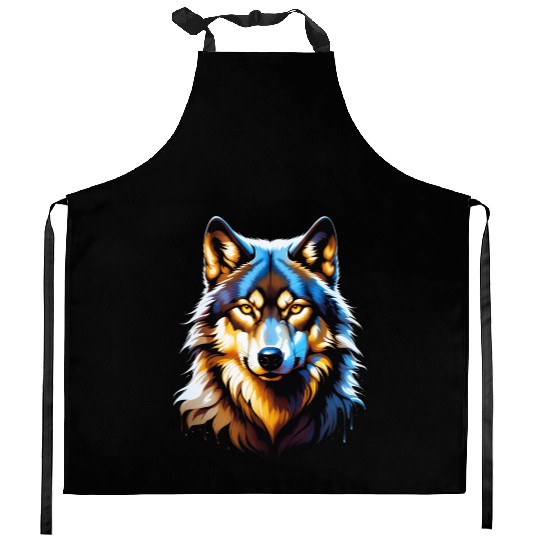 Isolated Lone Wolf Head Ink Design Kitchen Aprons
