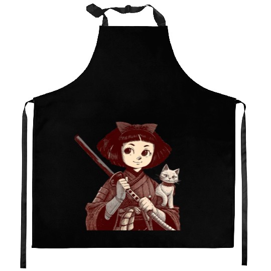 Chibi Samurai Warrior Cat Companion & Blossoms Kitchen Aprons