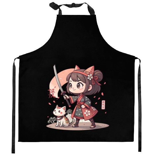 Adorable Anime Samurai Girl: Cat & Katana Design Kitchen Aprons