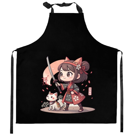 Adorable Anime Samurai Girl: Cat & Katana Design Kitchen Aprons